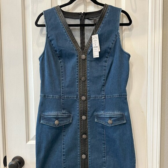 WHBM Sleeveless Denim Button Dress w/Faux Leather Trim Women's Size 10 NWT - Picture 3 of 5